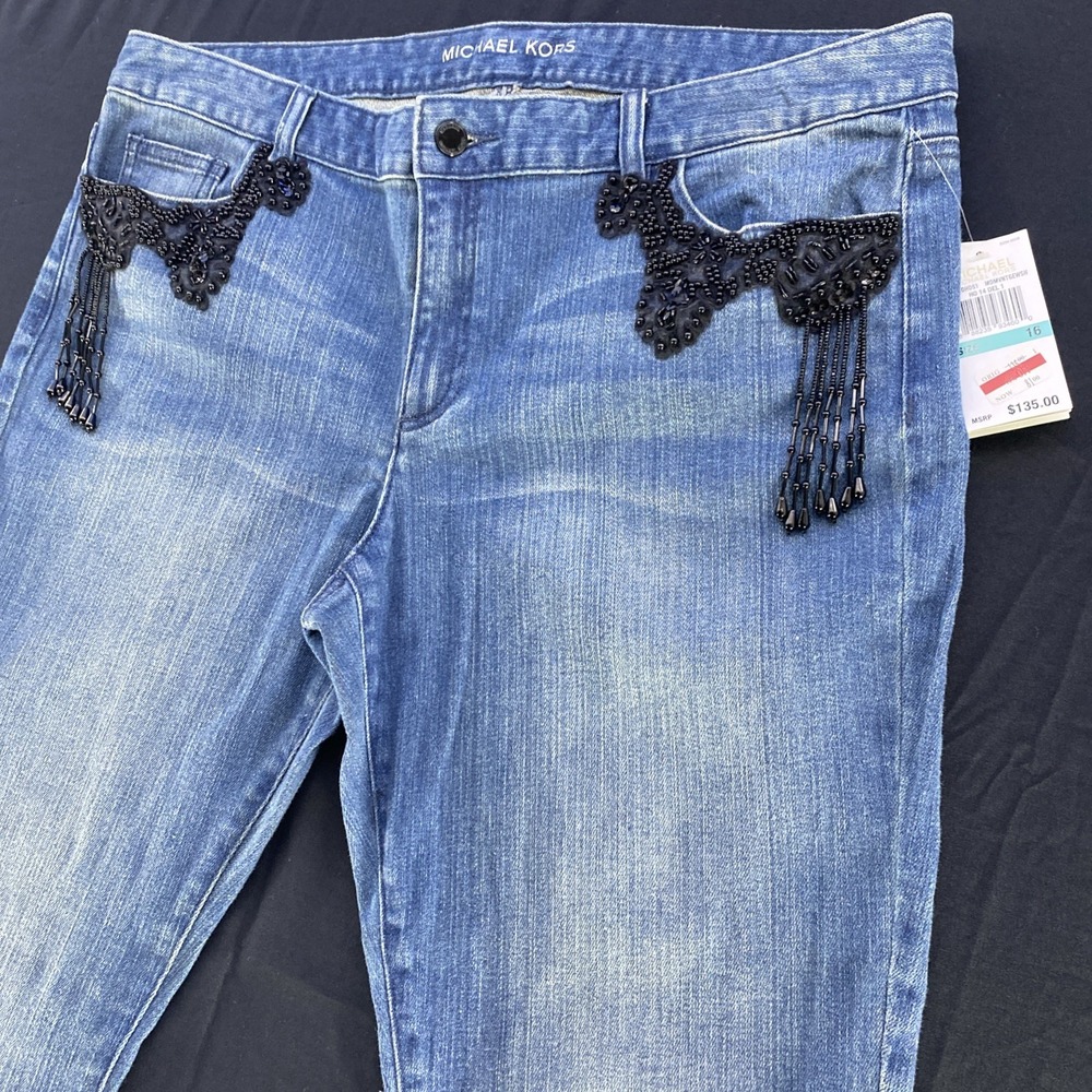 Michael Kors Blue Skinny Jeans Mid Rise Bead Embroidered Women's 16 Vintage Wash - Picture 5 of 15